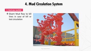 4. Mud Circulation System
2. Stand pipe manifold
 Divert Mud flow to kill
lines in case of kill or
lost circulation
Eng. Elsayed Amer
 