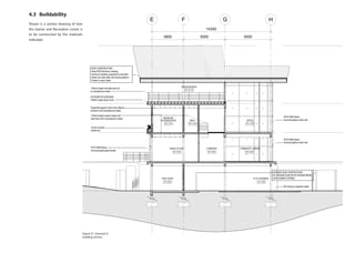 4.3 	 Buildability
Shown is a section drawing of how
the Games and Recreation centre is
to be constructed by the materials
indicated.
Figure 31: Zoomed in
building section.
E G HF
COMMUNITY LIBRARYDANCE STUDIO
BEDROOM
ACCOMODATION BATH OFFICE
OUTDOOR DECK
CORRIDOR
PLAY PAVEMENTFRUIT SHOP
14300
3800 5000 5500
ROOF CONSTRUCTION
Kawa R700 Aluminium sheeting
Aluminum insulation supported by wiremesh
Hollow core steel rafter with bracing bolted to
H-beam to engr's detail
OUTDURE ECO-DECKING
140X25 Classic Board Color
In-built concrete
planter box
1100mm height mild steel hand rail
to manufacturer's detail
ECFO 5600 Series
structural glazed glass facade
ECFO 5600 Series
structural glazed curtain wall
RC footing to engineer's detail
GROUND SLAB CONSTRUCTION
RC GROUND SLAB ON RC GROUND BEAM
WITH CEMENT SCREED
1100mm height powder coated mild
steel hand rail to manufacturer's detail
Suspended gypsum board drop ceiling to
architect's and manufacturer's detail
200mm thk concrete retaining wall
ECFO 5600 Series
structural glazed curtain wall
 