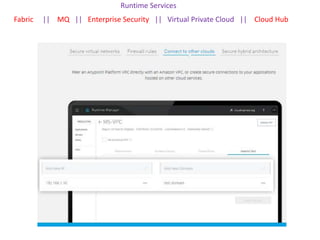 Runtime Services
Fabric || MQ || Enterprise Security || Virtual Private Cloud || Cloud Hub
 