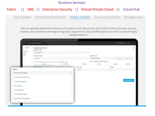 Runtime Services
Fabric || MQ || Enterprise Security || Virtual Private Cloud || Cloud Hub
 