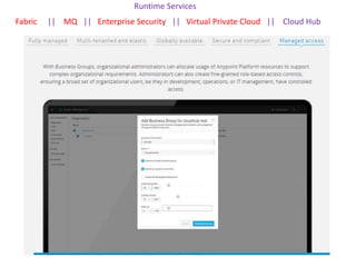 Runtime Services
Fabric || MQ || Enterprise Security || Virtual Private Cloud || Cloud Hub
 
