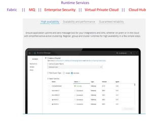 Runtime Services
Fabric || MQ || Enterprise Security || Virtual Private Cloud || Cloud Hub
 