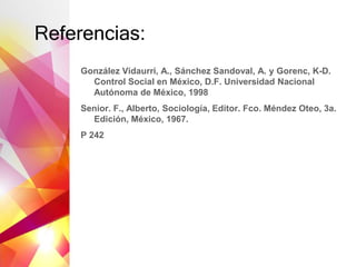 Referencias:
González Vidaurri, A., Sánchez Sandoval, A. y Gorenc, K-D.
Control Social en México, D.F. Universidad Nacional
Autónoma de México, 1998
Senior. F., Alberto, Sociología, Editor. Fco. Méndez Oteo, 3a.
Edición, México, 1967.
P 242
 
