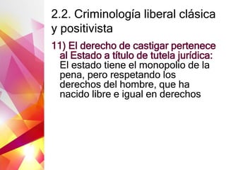 2.2. Criminología liberal clásica
y positivista
11) El derecho de castigar pertenece
al Estado a título de tutela jurídica:
El estado tiene el monopolio de la
pena, pero respetando los
derechos del hombre, que ha
nacido libre e igual en derechos
 