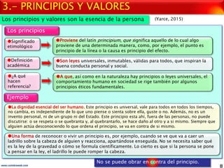 8www.coimbraweb.com
3.- PRINCIPIOS Y VALORES
Los principios y valores son la esencia de la persona
Proviene del latín pri...