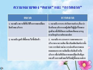 ความหมายของ “ตลาด” และ “การตลาด”
ตลาด การตลาด
1. หมายถึง สถานที่ที่ซึ่งใช้ในการแลกเปลี่ยน
สินค้าและบริการ
1. หมายถึง การกระทากิจกรรมต่างๆ ที่จะนา
สินค้าและบริการจากผู้ผลิตไปสู่ผู้บริโภคคน
สุดท้าย เพื่อให้เกิดความพึงพอใจและบรรลุ
ตามวัตถุประสงค์ขององค์กร
2. หมายถึง ลูกค้าที่ซื้อและไม่ซื้อสินค้า 2. หมายถึง กระบวนการวางแผนและการ
บริหารแนวความคิด เกี่ยวกับผลิตภัณฑ์การตั้ง
ราคา การจัดจาหน่าย การส่งเสริมการตลาด
ตลอดจนแนวความคิดเกี่ยวกับสินค้าหรือ
บริการ เพื่อก่อให้เกิดการแลกเปลี่ยนในที่สุด
และสร้างความพึงพอใจให้แก่ผู้ซื้อและองค์กร
 