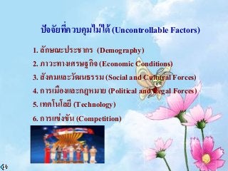 ปัจจัยที่ควบคุมไม่ได้ (Uncontrollable Factors)
1. ลักษณะประชากร (Demography)
2. ภาวะทางเศรษฐกิจ (Economic Conditions)
3. สังคมและวัฒนธรรม (Social and Cultural Forces)
4. การเมืองและกฎหมาย (Political and Legal Forces)
5. เทคโนโลยี (Technology)
6. การแข่งขัน (Competition)
 