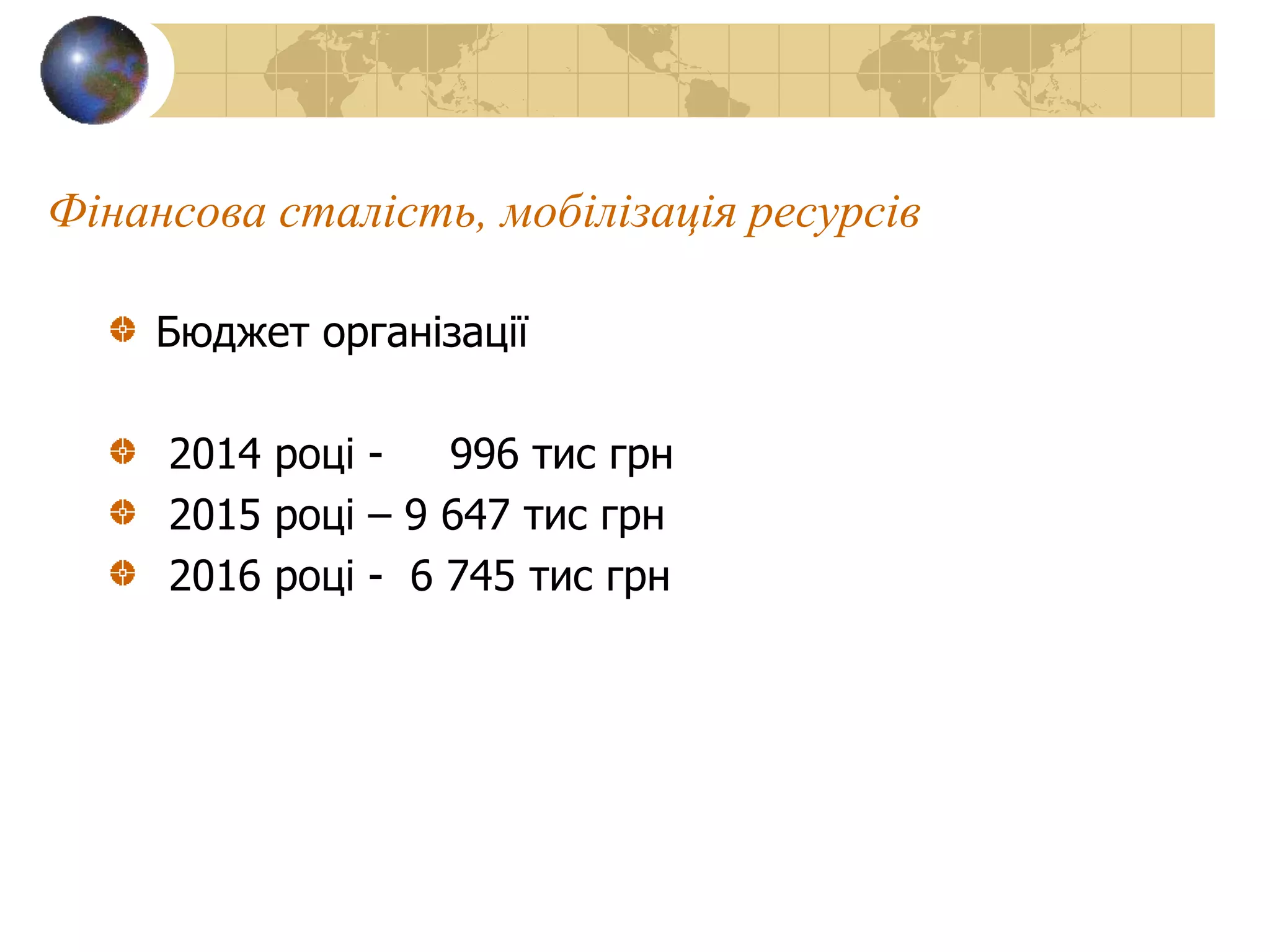 Фінансова сталість, мобілізація ресурсів
Бюджет організації
2014 році - 996 тис грн
2015 році – 9 647 тис грн
2016 році - 6 745 тис грн
 