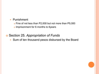  Punishment
 Fine of not less than P2,000 but not more than P5,000
 Imprisonment for 6 months to 6years
 Section 25. Appropriation of Funds
 Sum of ten thousand pesos disbursed by the Board
 