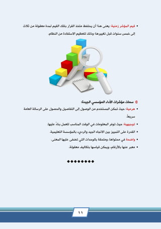 11
‫قيم‬‫المؤشر‬‫زمنية‬:‫ي‬‫عنى‬‫هذا‬‫أن‬‫يحتفظ‬‫متخذ‬‫القرار‬‫ب‬‫تلك‬‫القيم‬‫لمدة‬‫معقولة‬‫من‬‫ثالث‬
‫إلى‬‫سنوات‬ ‫خمس‬‫قبل‬‫تغييرها؛‬‫وذلك‬‫لتعظيم‬‫االستفادة‬‫من‬.‫النظام‬
‫سمات‬‫مؤشرات‬‫األداء‬‫المؤسسي‬‫الجيدة‬:
‫هرمية‬:‫حيث‬‫تمكن‬‫المستخدم‬‫من‬‫الوصول‬‫إلى‬‫التفاصيل‬‫والحصول‬‫على‬‫الرسالة‬‫العامة‬
ً‫ا‬‫سريع‬.
‫توجيهية‬:‫حيث‬‫ت‬‫وفر‬‫المعلومات‬‫في‬‫الوقت‬‫المناسب‬‫للعم‬‫ل‬ً‫ء‬‫بنا‬‫عليها‬.
‫القدرة‬‫على‬‫التمييز‬‫بين‬‫االتجاه‬‫الجيد‬‫والرديء‬‫بالمؤسسة‬‫التعليمية‬.
‫واضحة‬‫في‬‫محتواها‬،‫وملحقة‬‫بالوحدات‬‫التي‬‫تضفى‬‫عليها‬‫المعنى‬.
‫معبر‬‫عنها‬‫باألرقام‬،‫ويمكن‬‫قياسها‬‫بتكاليف‬‫معقولة‬.

 