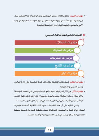 15
‫التمرن‬ ‫مؤشرات‬:‫الموظفين‬ ‫وتحفيز‬ ‫بالكفاءة‬ ‫تتعلق‬،‫ينظر‬ ‫التصنيف‬ ‫هذا‬ ‫أن‬ ‫الواضح‬ ‫ومن‬
‫أولياء‬ ‫من‬ ‫التعليمية‬ ‫المؤسسة‬ ‫خارج‬ ‫المستفيدين‬ ‫نظر‬ ‫وجهة‬ ‫من‬ ‫األداء‬ ‫جودة‬ ‫مؤشرات‬ ‫إلى‬
‫التعليمية‬ ‫المؤسسة‬ ‫داخل‬ ‫القيادة‬ ‫وأسلوب‬ ،‫والمجتمع‬ ‫األمور‬.
‫ال‬‫تصنيف‬‫ل‬ ‫الخماسي‬‫مؤش‬‫المؤسسي‬ ‫األداء‬ ‫رات‬:
:‫النتائج‬ ‫مؤشرات‬‫ذلك‬ ‫مثال‬ ‫األنشطة‬ ‫نتائج‬ ‫تصف‬‫؛‬،‫البرامج‬ ‫إدارة‬ ‫على‬ ‫المؤسسة‬ ‫قدرة‬
.‫واالستمرارية‬ ،‫التمويل‬ ‫وتدبير‬
:‫األثر‬ ‫مؤشرات‬‫المؤسسة؟‬ ‫تنفذها‬ ‫التي‬ ‫المؤسسي‬ ‫البناء‬ ‫برامج‬ ‫تنفيذ‬ ‫تركه‬ ‫الذى‬ ‫األثر‬ ‫هي‬
‫يكون‬ ‫أن‬ ‫يمكن‬ ‫واألثر‬ً‫ا‬‫إيجابي‬ً‫ا‬‫سلبي‬ ‫أو‬،‫التغيير‬ ‫إظهار‬ ‫على‬ ‫قادرة‬ ‫تكون‬ ‫أن‬ ‫يجب‬ ‫والمؤشرات‬ ،
.‫المؤسسة‬ ‫به‬ ‫تعمل‬ ‫الذى‬ ‫المجتمع‬ ‫في‬ ‫الحادث‬ ‫التغيير‬ ‫في‬ ‫الحقيقي‬ ‫األثر‬ ‫تقيس‬ ‫أنها‬ ‫كما‬
‫التقسيمات‬ ‫هذه‬ ‫أن‬ ‫على‬ ‫التأكيد‬ ‫ينبغي‬-‫الثالثية‬ ‫أكانت‬ ‫سواء‬‫مؤشرات‬ ‫(متضمنة‬
)‫السياق‬‫الخماسية‬ ‫أم‬ ‫الرباعية‬ ‫أم‬-‫للمؤش‬‫ببعضها‬ ‫تربطها‬ ‫بل‬ ‫الصلة‬ ‫منقطعة‬ ‫ليست‬ ‫رات‬
.‫متناسبة‬ ‫أقسام‬ ‫أو‬ ‫رياضية‬ ‫عالقات‬ ‫صورة‬ ‫في‬ ‫تبرز‬ ‫أن‬ ‫يمكن‬ ‫ورابط‬ ‫عالقات‬
‫المدخالت‬ ‫مؤشرات‬
‫العمليات‬ ‫مؤشرات‬
‫المخرجات‬ ‫مؤشرات‬
‫النتائج‬ ‫مؤشرات‬
‫األثر‬ ‫مؤشرات‬
 