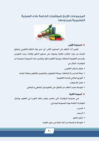 20
:‫األولى‬ ‫المجموعة‬
‫أداء‬ ‫تقيس‬:‫أي‬ ،‫الكلى‬ ‫المستوى‬ ‫على‬ ‫النظام‬‫بتحقيق‬ ‫التعليمي‬ ‫النظام‬ ‫وفاء‬ ‫مدى‬
ً‫ا‬‫مكاني‬ ‫انتشاره‬ :‫حيث‬ ‫من‬ ‫أهدافه‬‫المقيدين‬ ‫وعدد‬ ،‫واإلناث‬ ‫الذكور‬ ‫مستوى‬ ‫على‬ ‫وشموله‬ ،
‫ذاتها‬ ‫التعليم‬ ‫ونوعية‬ ،‫المختلفة‬ ‫التعليمية‬ ‫بالمراحل‬،‫و‬‫تتضمن‬‫المجموعة‬ ‫هذه‬‫من‬ ‫مجموعة‬
:‫في‬ ‫تتمثل‬ ،‫المؤشرات‬
‫هي‬.‫التعليمي‬ ‫السكان‬ ‫كل‬
.‫أنواعه‬ ‫بمختلف‬ ‫بالتعليم‬ ‫والمقيدين‬ ،‫المقبولين‬ ‫وجملة‬ ،‫الجامعات‬ ‫أو‬ ‫المدارس‬ ‫جملة‬
.‫التعليمية‬ ‫للخدمة‬ ‫المكاني‬ ‫التوزيع‬
.‫االستيعاب‬ ‫معدل‬
‫و‬ ‫الجامعي‬ ‫قبل‬ ‫التعليم‬ ‫على‬ ‫اإلنفاق‬ ‫من‬ ‫الطالب‬ ‫نصيب‬ ‫متوسط‬.‫الجامعي‬
:‫الثانية‬ ‫المجوعة‬
‫تختص‬ ‫التي‬ ‫المؤشرات‬ ‫مجموعة‬ ‫هي‬‫وتتمثل‬ ،‫التعليم‬ ‫في‬ )‫(الهدر‬ ‫الفقد‬ ‫بقياس‬
:‫يلي‬ ‫فيما‬ ‫المجموعة‬ ‫بهذه‬ ‫الخاصة‬ ‫المؤشرات‬
.‫التسرب‬
.‫الرسوب‬
.‫الفوج‬ ‫تحليل‬
.‫تعليمه‬ ‫سبيل‬ ‫في‬ ‫مالية‬ ‫أعباء‬ ‫من‬ ‫يتحمله‬ ‫ما‬ ‫متوسط‬
 