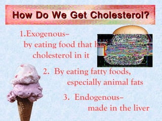 How Do We Get Cholesterol?How Do We Get Cholesterol?
 
1.Exogenous–
by eating food that has
cholesterol in it
2. By eating fatty foods,
especially animal fats
3. Endogenous–
made in the liver
 