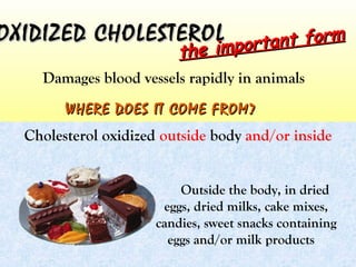 Outside the body, in dried
eggs, dried milks, cake mixes,
candies, sweet snacks containing
eggs and/or milk products
Cholesterol oxidized outside body and/or inside
OXIDIZED CHOLESTEROLOXIDIZED CHOLESTEROL
the important form
the important form
Damages blood vessels rapidly in animals
WHERE DOES IT COME FROM?WHERE DOES IT COME FROM?
 
