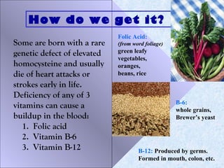 Some are born with a rare
genetic defect of elevated
homocysteine and usually
die of heart attacks or
strokes early in life.
Deficiency of any of 3
vitamins can cause a
buildup in the blood:
1. Folic acid
2. Vitamin B-6
3. Vitamin B-12
How do we get it?
Folic Acid:
(from word foliage)
green leafy
vegetables,
oranges,
beans, rice
B-6:
whole grains,
Brewer’s yeast
B-12: Produced by germs.
Formed in mouth, colon, etc.
 