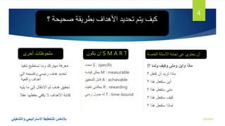‫؟‬ ‫صحيحة‬ ‫بطريقة‬ ‫األهداف‬ ‫تحديد‬ ‫يتم‬ ‫كيف‬
‫أخرى‬ ‫ملحوظات‬
‫تنفيذ‬ ‫تستطيع‬ ‫وما‬ ‫مهارتك‬ ‫معرفة‬
‫إلي‬ ‫وتقسيمه‬ ‫رئيسي‬ ‫هدف‬ ‫تحديد‬
‫واقعية‬ ‫أهداف‬
‫يليه‬ ‫ما‬ ‫إلي‬ ‫االنتقال‬ ‫ثم‬ ‫هدف‬ ‫تحقيق‬
‫عقال‬ ‫حفظها‬ ‫يكفي‬ ‫ال‬ ‫األهداف‬ ‫كتابة‬
‫يكون‬ ‫ان‬ S M A R T
-S : specific‫محدد‬
-M : measurable‫قياسه‬ ‫يمكن‬
-A : achievable‫للتحقيق‬ ‫قابل‬
-R : rewarding‫تنفيذه‬ ‫يمكنني‬
-T : time-bound‫زمني‬ ‫جدول‬ ‫له‬
‫الخمسة‬ ‫األسئلة‬ ‫إجابة‬ ‫عي‬ ‫يحتوي‬ ‫أن‬
‫ماذا‬‫ولما‬ ‫وكيف‬ ‫ومتي‬ ‫واين‬‫؟‬!
‫؟‬ ‫تفعل‬ ‫أن‬ ‫تريد‬ ‫ماذا‬
‫؟‬ ‫هذا‬ ‫ستفعل‬ ‫أين‬
‫؟‬ ‫هذا‬ ‫ستفعل‬ ‫متي‬
‫؟‬ ‫هذا‬ ‫ستفعل‬ ‫كيف‬
‫؟‬ ‫هذا‬ ‫ستفعل‬ ‫لماذا‬
2/4/2018‫والتشغيلي‬ ‫االستراتيجي‬ ‫للتخطيط‬ ‫بالمكس‬
4
 