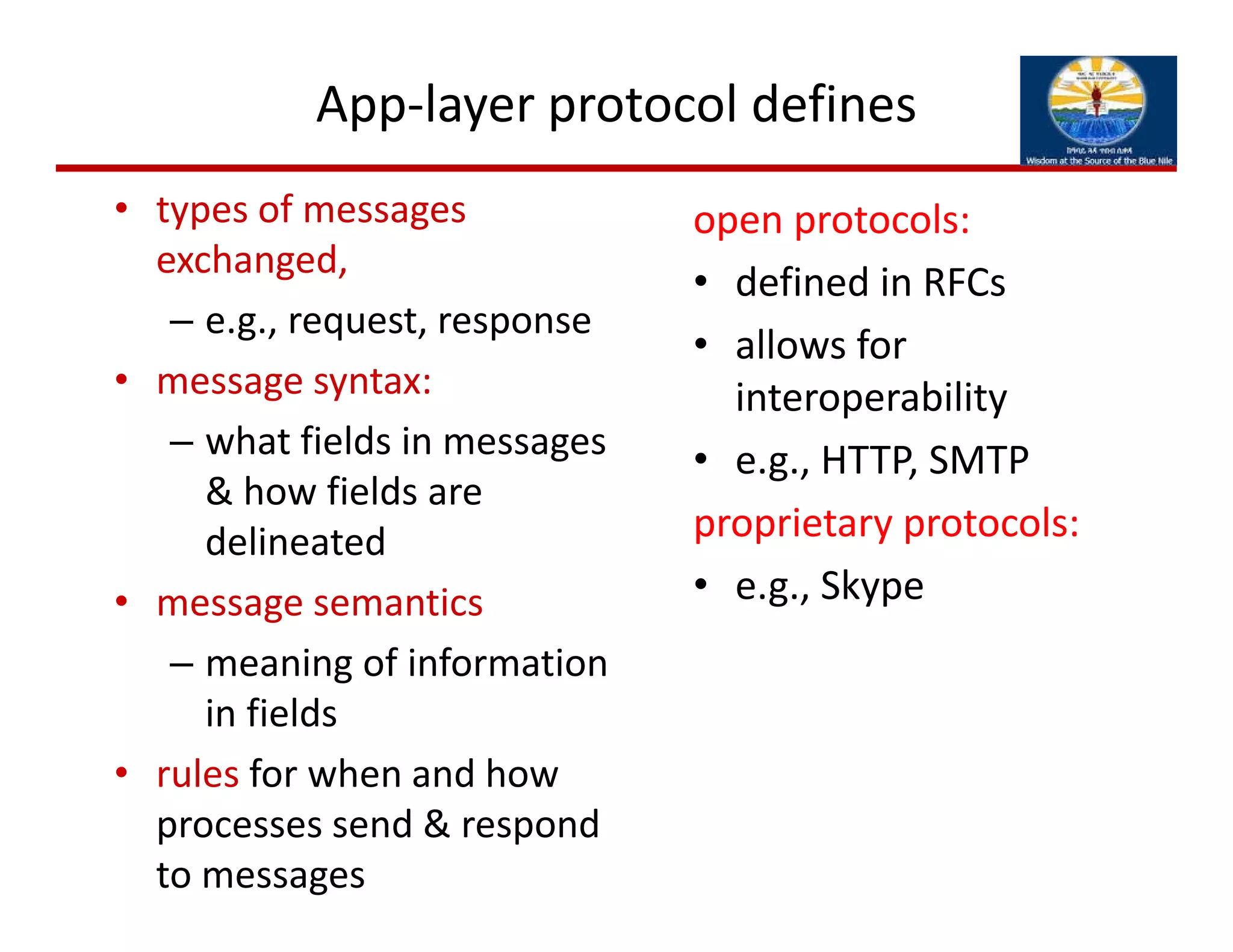 App‐layer protocol defines
• types of messages 
exchanged,
– e.g., request, response 
• message syntax:
– what fields in messages 
& how fields are 
delineated
• message semantics
– meaning of information 
in fields
• rules for when and how 
processes send & respond 
to messages
open protocols:
• defined in RFCs
• allows for 
interoperability
• e.g., HTTP, SMTP
proprietary protocols:
• e.g., Skype
 