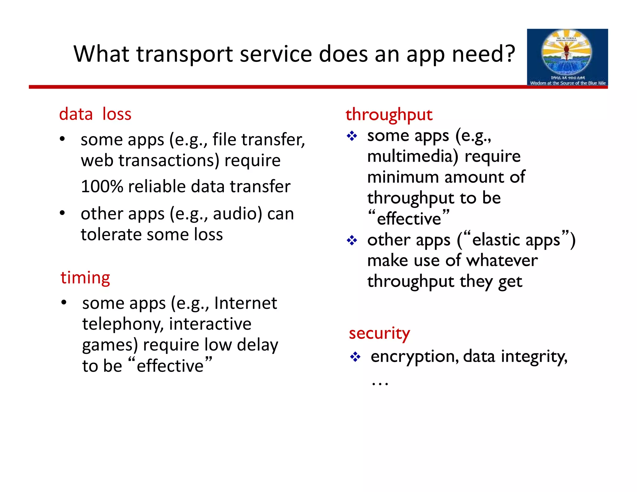 What transport service does an app need?
data  loss
• some apps (e.g., file transfer, 
web transactions) require 
100% reliable data transfer
• other apps (e.g., audio) can 
tolerate some loss
timing
• some apps (e.g., Internet 
telephony, interactive 
games) require low delay 
to be “effective”
throughput
 some apps (e.g.,
multimedia) require
minimum amount of
throughput to be
“effective”
 other apps (“elastic apps”)
make use of whatever
throughput they get
security
 encryption, data integrity,
…
 
