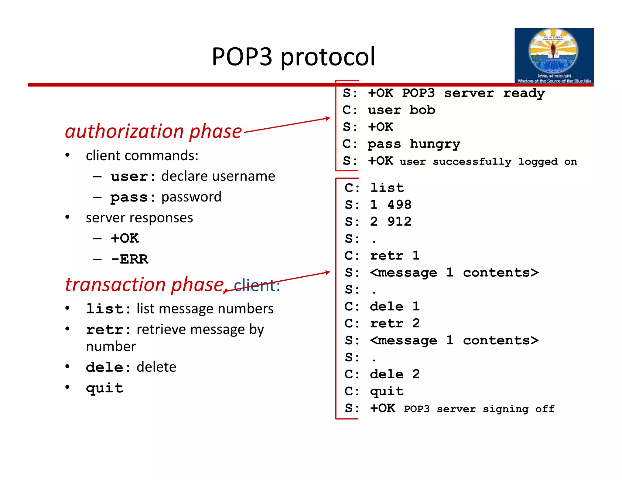 POP3 protocol
authorization phase
• client commands: 
– user: declare username
– pass: password
• server responses
– +OK
– -ERR
transaction phase, client:
• list: list message numbers
• retr: retrieve message by 
number
• dele: delete
• quit
C: list
S: 1 498
S: 2 912
S: .
C: retr 1
S: <message 1 contents>
S: .
C: dele 1
C: retr 2
S: <message 1 contents>
S: .
C: dele 2
C: quit
S: +OK POP3 server signing off
S: +OK POP3 server ready
C: user bob
S: +OK
C: pass hungry
S: +OK user successfully logged on
 