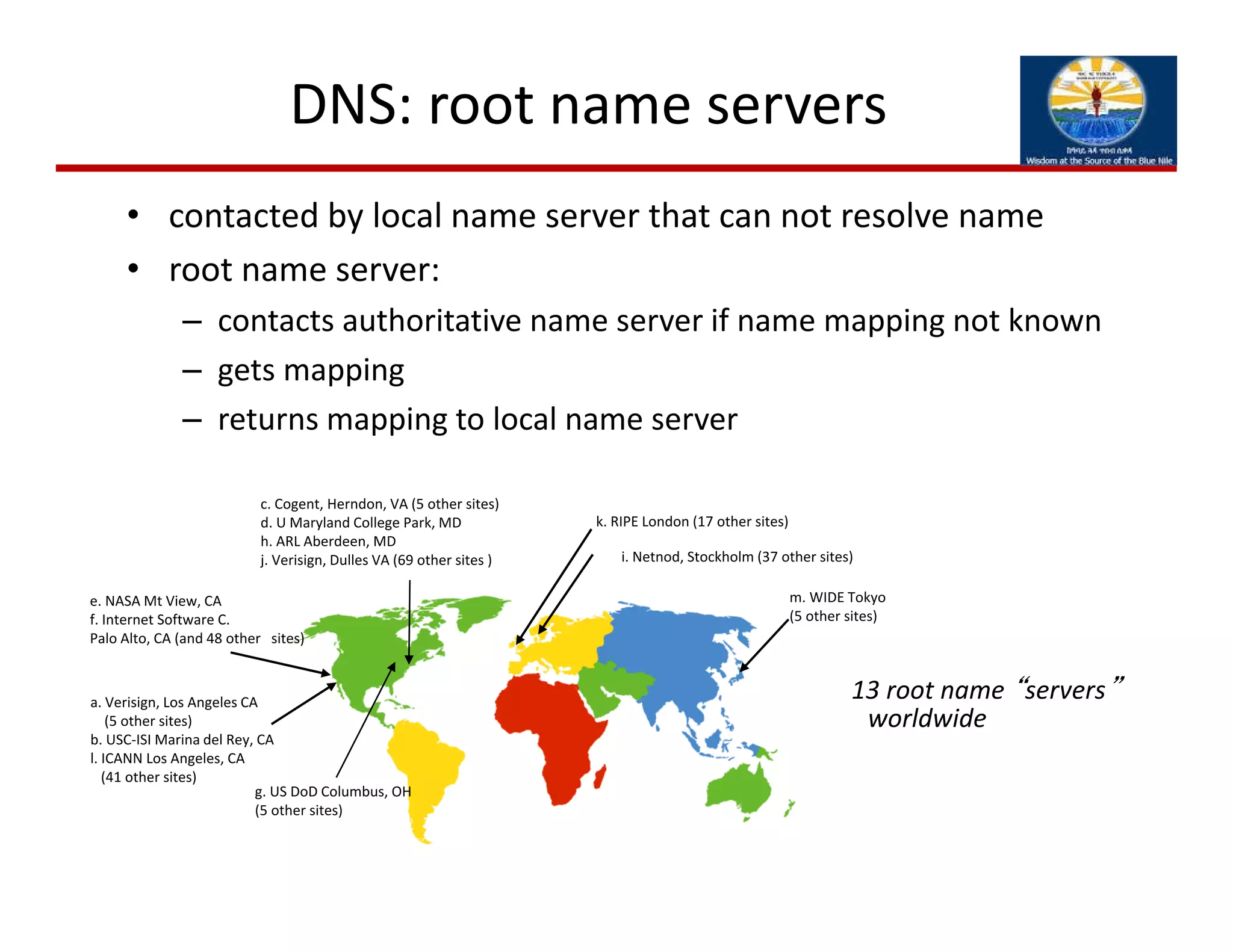 DNS: root name servers
• contacted by local name server that can not resolve name
• root name server:
– contacts authoritative name server if name mapping not known
– gets mapping
– returns mapping to local name server
13 root name “servers”
worldwide
a. Verisign, Los Angeles CA
(5 other sites)
b. USC‐ISI Marina del Rey, CA
l. ICANN Los Angeles, CA
(41 other sites)
e. NASA Mt View, CA
f. Internet Software C.
Palo Alto, CA (and 48 other   sites)
i. Netnod, Stockholm (37 other sites)
k. RIPE London (17 other sites)
m. WIDE Tokyo
(5 other sites)
c. Cogent, Herndon, VA (5 other sites)
d. U Maryland College Park, MD
h. ARL Aberdeen, MD
j. Verisign, Dulles VA (69 other sites )
g. US DoD Columbus, OH 
(5 other sites)
 