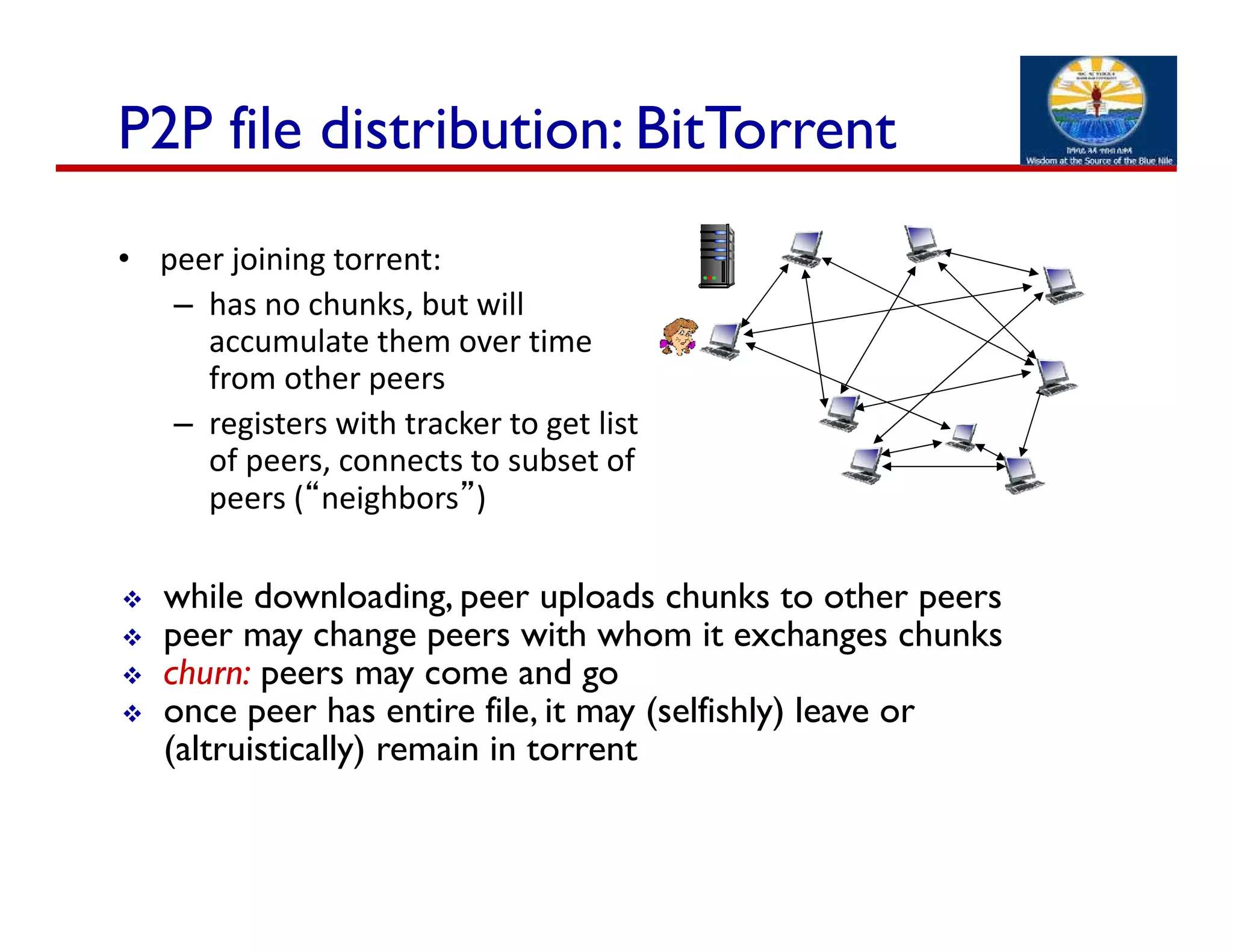 • peer joining torrent: 
– has no chunks, but will 
accumulate them over time 
from other peers
– registers with tracker to get list 
of peers, connects to subset of 
peers (“neighbors”)
P2P file distribution: BitTorrent
 while downloading, peer uploads chunks to other peers
 peer may change peers with whom it exchanges chunks
 churn: peers may come and go
 once peer has entire file, it may (selfishly) leave or
(altruistically) remain in torrent
 