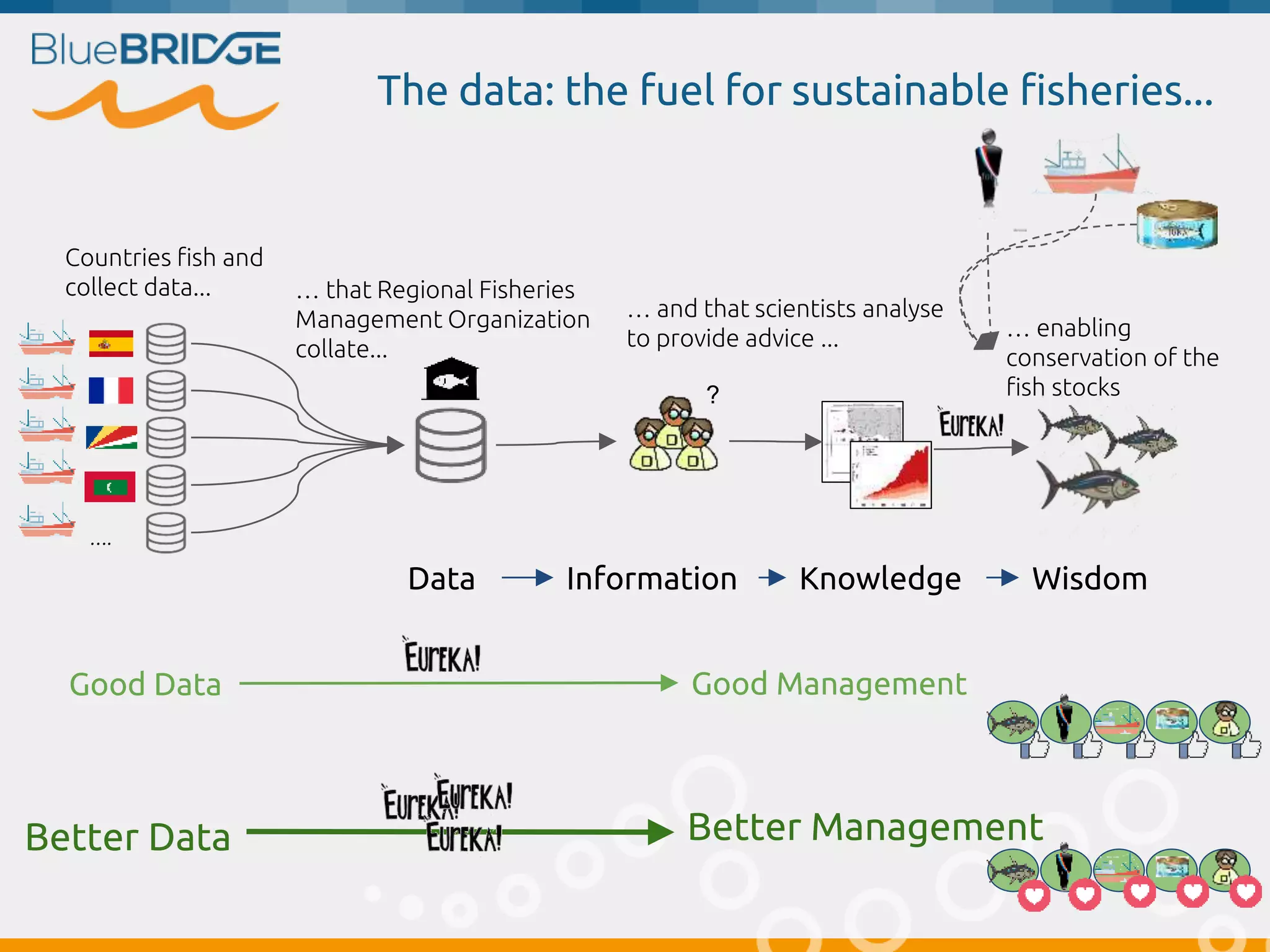 The data: the fuel for sustainable fisheries...
….
Countries fish and
collect data... … that Regional Fisheries
Management Organization
collate...
?
… and that scientists analyse
to provide advice ... … enabling
conservation of the
fish stocks
Data Information Knowledge Wisdom
Good Data Good Management
Better Data Better Management
 