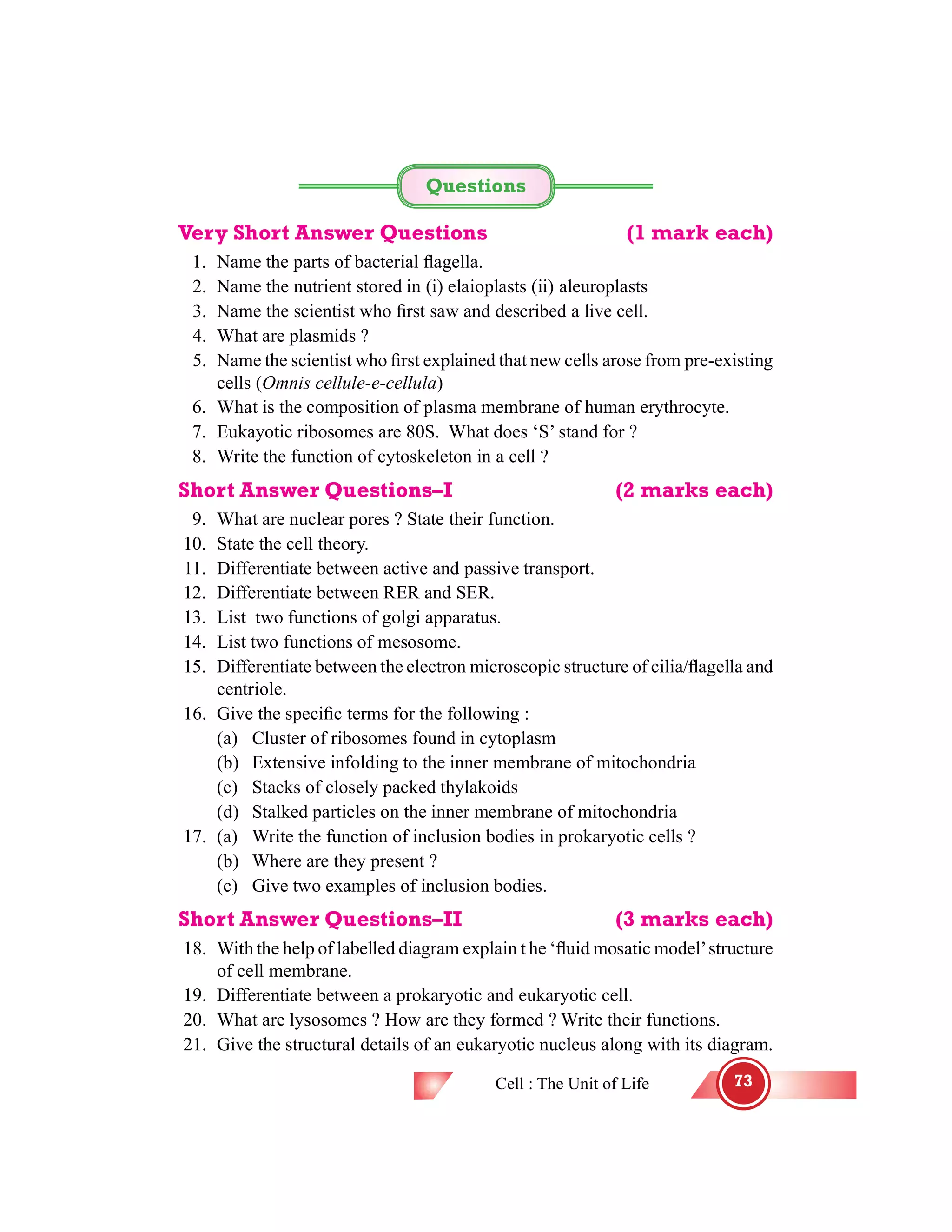 73Cell : The Unit of Life
Questions
Very Short Answer Questions (1 mark each)
1. Name the parts of bacterial ¯agella.
2. Name the nutrient stored in (i) elaioplasts (ii) aleuroplasts
3. Name the scientist who ®rst saw and described a live cell.
4. What are plasmids ?
5. Name the scientist who ®rst explained that new cells arose from pre-existing
cells (Omnis cellule-e-cellula)
6. What is the composition of plasma membrane of human erythrocyte.
7. Eukayotic ribosomes are 80S. What does ‘S’ stand for ?
8. Write the function of cytoskeleton in a cell ?
Short Answer Questions–I (2 marks each)
9. What are nuclear pores ? State their function.
10. State the cell theory.
11. Differentiate between active and passive transport.
12. Differentiate between RER and SER.
13. List two functions of golgi apparatus.
14. List two functions of mesosome.
15. Differentiate between the electron microscopic structure of cilia/¯agella and
centriole.
16. Give the speci®c terms for the following :
(a) Cluster of ribosomes found in cytoplasm
(b) Extensive infolding to the inner membrane of mitochondria
(c) Stacks of closely packed thylakoids
(d) Stalked particles on the inner membrane of mitochondria
17. (a) Write the function of inclusion bodies in prokaryotic cells ?
(b) Where are they present ?
(c) Give two examples of inclusion bodies.
Short Answer Questions–II (3 marks each)
18. With the help of labelled diagram explain t he ‘¯uid mosatic model’structure
of cell membrane.
19. Differentiate between a prokaryotic and eukaryotic cell.
20. What are lysosomes ? How are they formed ? Write their functions.
21. Give the structural details of an eukaryotic nucleus along with its diagram.
 