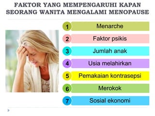 FAKTOR YANG MEMPENGARUHI KAPAN
SEORANG WANITA MENGALAMI MENOPAUSE
Menarche
Faktor psikis
Jumlah anak
Usia melahirkan
Pemakaian kontrasepsi
Merokok
Sosial ekonomi
1
2
4
3
7
6
5
 