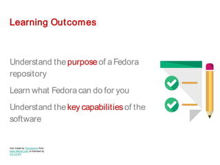 Learning Outcomes
Understand thepurposeof aFedora
repository
Learn what Fedora can do for you
Understand thekey capabilitiesof the
software
Icon made by Roundicons from
www.flaticon.com is licensed by
CC 3.0 BY
 