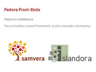 Fedora Front-Ends
Fedora ismiddleware
You can build a custom framework, or join a broader community:
 