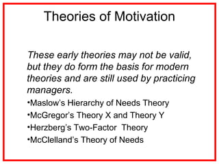 Theories of Motivation
These early theories may not be valid,
but they do form the basis for modern
theories and are still used by practicing
managers.
•Maslow’s Hierarchy of Needs Theory
•McGregor’s Theory X and Theory Y
•Herzberg’s Two-Factor Theory
•McClelland’s Theory of Needs
 