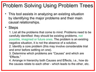 Problem Solving Using Problem Trees
• This tool assists in analyzing an existing situation
by identifying the major problems and their main
causal relationships.
• Steps
1. List all the problems that come to mind. Problems need to be
carefully identified: they should be existing problems, not
possible, imagined or future ones. The problem is an existing
negative situation, it is not the absence of a solution.
2. Identify a core problem (this may involve considerable trial
and error before settling on one).
3. Determine which problems are “Causes” and which are
“Effects.”
4. Arrange in hierarchy both Causes and Effects, i.e., how do
the causes relate to each other - which leads to the other, etc.
 