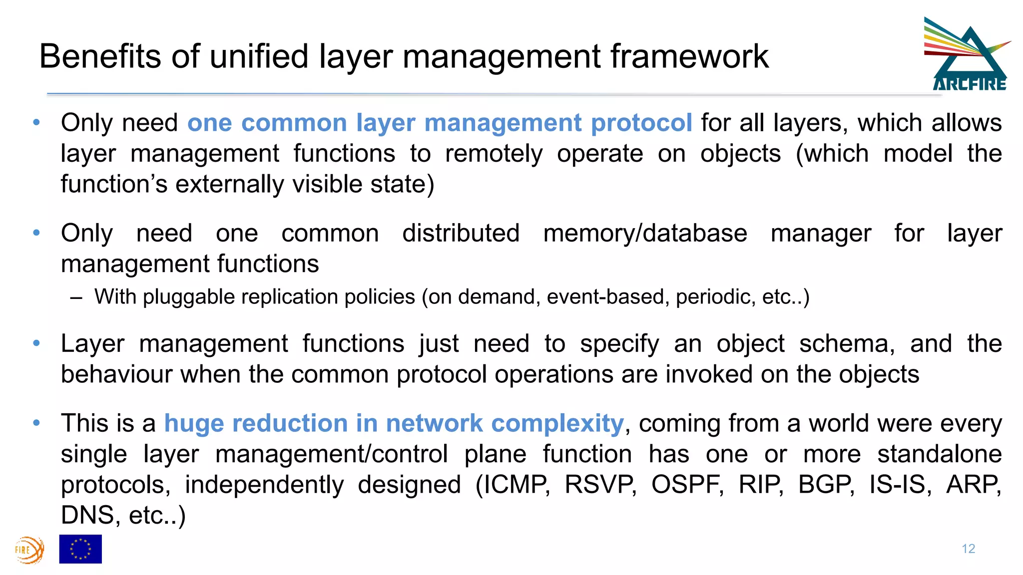 Benefits of unified layer management framework
• Only need one common layer management protocol for all layers, which allows
layer management functions to remotely operate on objects (which model the
function’s externally visible state)
• Only need one common distributed memory/database manager for layer
management functions
– With pluggable replication policies (on demand, event-based, periodic, etc..)
• Layer management functions just need to specify an object schema, and the
behaviour when the common protocol operations are invoked on the objects
• This is a huge reduction in network complexity, coming from a world were every
single layer management/control plane function has one or more standalone
protocols, independently designed (ICMP, RSVP, OSPF, RIP, BGP, IS-IS, ARP,
DNS, etc..)
12
 