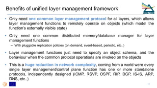 Benefits of unified layer management framework
• Only need one common layer management protocol for all layers, which allows
layer management functions to remotely operate on objects (which model the
function’s externally visible state)
• Only need one common distributed memory/database manager for layer
management functions
– With pluggable replication policies (on demand, event-based, periodic, etc..)
• Layer management functions just need to specify an object schema, and the
behaviour when the common protocol operations are invoked on the objects
• This is a huge reduction in network complexity, coming from a world were every
single layer management/control plane function has one or more standalone
protocols, independently designed (ICMP, RSVP, OSPF, RIP, BGP, IS-IS, ARP,
DNS, etc..)
12
 