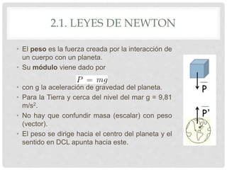 2.1. LEYES DE NEWTON
• El peso es la fuerza creada por la interacción de
un cuerpo con un planeta.
• Su módulo viene dado ...