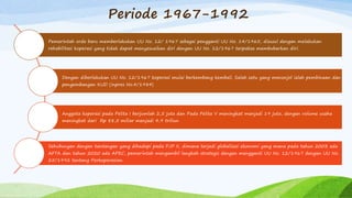 Periode 1967-1992
Pemerintah orde baru memberlakukan UU No. 12/ 1967 sebagai pengganti UU No. 14/1965, disusul dengan melakukan
rehabilitasi koperasi yang tidak dapat menyesuaikan diri dengan UU No. 12/1967 terpaksa membubarkan diri.
Dengan diberlakukan UU No. 12/1967 koperasi mulai berkembang kembali. Salah satu yang menonjol ialah pembinaan dan
pengembangan KUD (inpres No.4/1984)
Anggota koperasi pada Pelita I berjumlah 2,5 juta dan Pada Pelita V meningkat menjadi 19 juta, dengan volume usaha
meningkat dari Rp 88,5 miliar menjadi 4,9 triliun
Sehubungan dengan tantangan yang dihadapi pada PJP II, dimana terjadi globalisasi ekonomi yang mana pada tahun 2003 ada
AFTA dan tahun 2020 ada APEC, pemerintah mengambil langkah strategis dengan mengganti UU No. 12/1967 dengan UU No.
25/1992 tentang Perkoperasian.
 
