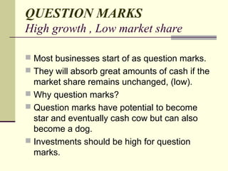 QUESTION MARKS
High growth , Low market share
 Most businesses start of as question marks.
 They will absorb great amounts of cash if the
market share remains unchanged, (low).
 Why question marks?
 Question marks have potential to become
star and eventually cash cow but can also
become a dog.
 Investments should be high for question
marks.
 