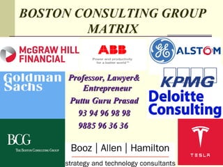 BOSTON CONSULTING GROUP
MATRIX
Professor, Lawyer&Professor, Lawyer&
EntrepreneurEntrepreneur
Puttu Guru PrasadPuttu Guru Prasad
93 94 96 98 9893 94 96 98 98
9885 96 36 369885 96 36 36
 