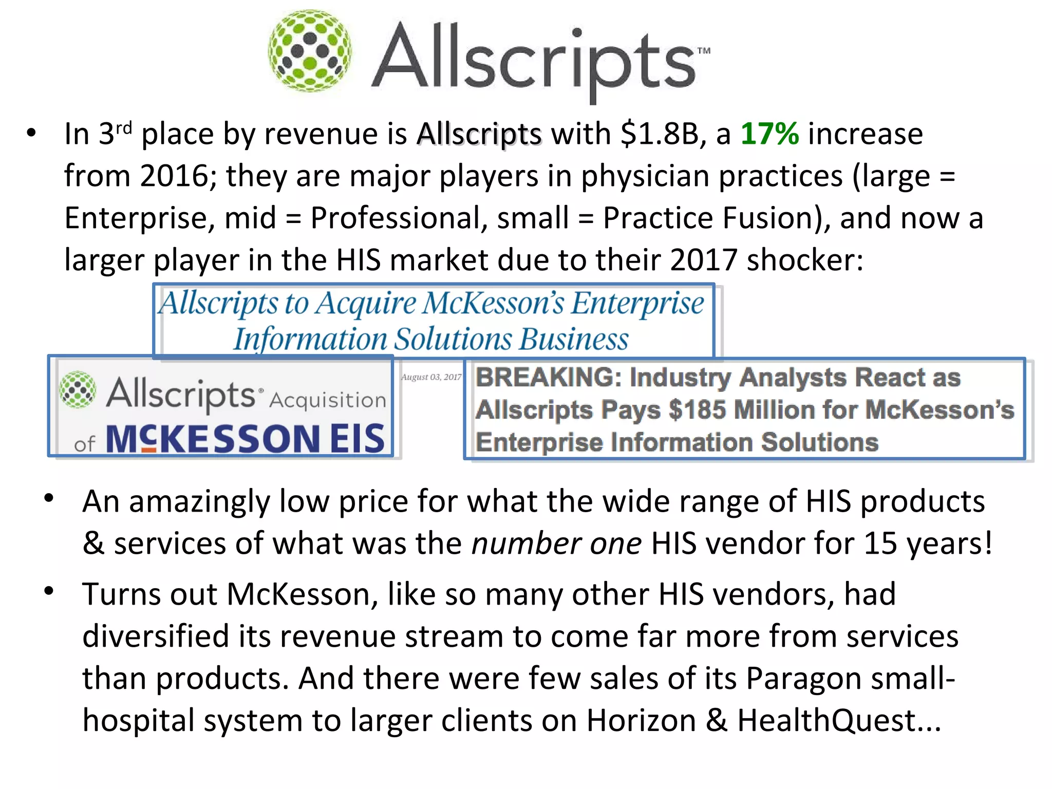 • In 3rd
place by revenue is AllscriptsAllscripts with $1.8B, a 17% increase
from 2016; they are major players in physician practices (large =
Enterprise, mid = Professional, small = Practice Fusion), and now a
larger player in the HIS market due to their 2017 shocker:
• An amazingly low price for what the wide range of HIS products
& services of what was the number one HIS vendor for 15 years!
• Turns out McKesson, like so many other HIS vendors, had
diversified its revenue stream to come far more from services
than products. And there were few sales of its Paragon small-
hospital system to larger clients on Horizon & HealthQuest...
 