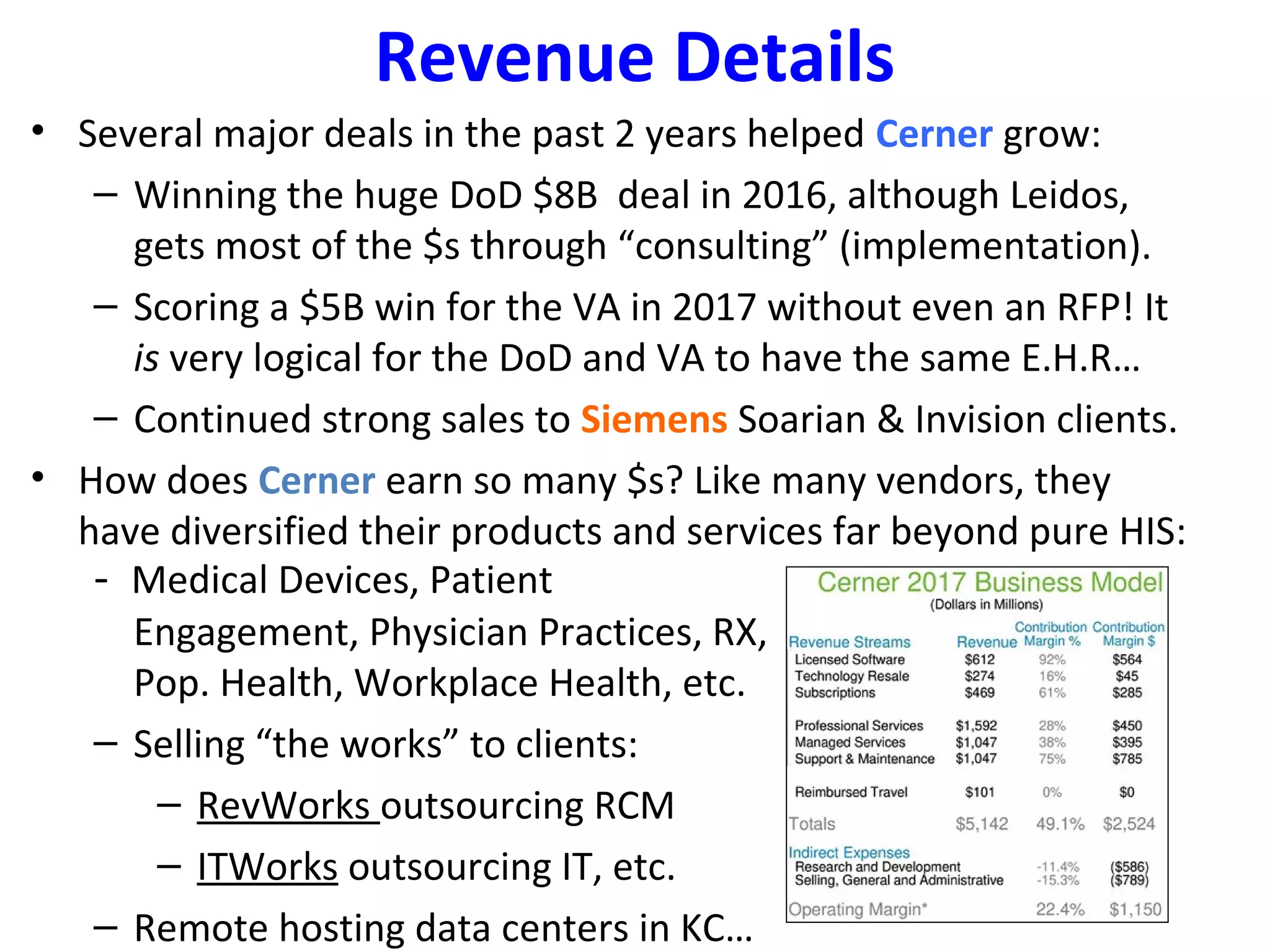 Revenue Details
• Several major deals in the past 2 years helped Cerner grow:
– Winning the huge DoD $8B deal in 2016, although Leidos,
gets most of the $s through “consulting” (implementation).
– Scoring a $5B win for the VA in 2017 without even an RFP! It
is very logical for the DoD and VA to have the same E.H.R…
– Continued strong sales to Siemens Soarian & Invision clients.
• How does Cerner earn so many $s? Like many vendors, they
have diversified their products and services far beyond pure HIS:
- Medical Devices, Patient
Engagement, Physician Practices, RX,
Pop. Health, Workplace Health, etc.
– Selling “the works” to clients:
– RevWorks outsourcing RCM
– ITWorks outsourcing IT, etc.
– Remote hosting data centers in KC…
 