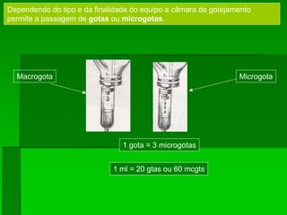 Dependendo do tipo e da finalidade do equipo a câmara de gotejamento
permite a passagem de gotas ou microgotas.
Macrogota Microgota
1 gota = 3 microgotas
1 ml = 20 gtas ou 60 mcgts
 