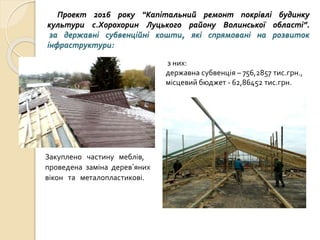 Проект 2016 року “Капітальний ремонт покрівлі будинку
культури с.Хорохорин Луцького району Волинської області”.
за державні субвенційні кошти, які спрямовані на розвиток
інфраструктури:
Закуплено частину меблів,
проведена заміна дерев’яних
вікон та металопластикові.
з них:
державна субвенція – 756,2857 тис.грн.,
місцевий бюджет - 62,86452 тис.грн.
 