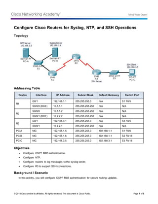 © 2018 Cisco and/or its affiliates. All rights reserved. This document is Cisco Public. Page 1 of 5
Configure Cisco Routers for Syslog, NTP, and SSH Operations
Topology
Addressing Table
Device Interface IP Address Subnet Mask Default Gateway Switch Port
R1
G0/1 192.168.1.1 255.255.255.0 N/A S1 F0/5
S0/0/0 (DCE) 10.1.1.1 255.255.255.252 N/A N/A
R2
S0/0/0 10.1.1.2 255.255.255.252 N/A N/A
S0/0/1 (DCE) 10.2.2.2 255.255.255.252 N/A N/A
R3
G0/1 192.168.3.1 255.255.255.0 N/A S3 F0/5
S0/0/1 10.2.2.1 255.255.255.252 N/A N/A
PC-A NIC 192.168.1.5 255.255.255.0 192.168.1.1 S1 F0/6
PC-B NIC 192.168.1.6 255.255.255.0 192.168.1.1 S2 F0/18
PC-C NIC 192.168.3.5 255.255.255.0 192.168.3.1 S3 F0/18
Objectives
 Configure OSPF MD5 authentication.
 Configure NTP.
 Configure routers to log messages to the syslog server.
 Configure R3 to support SSH connections.
Background / Scenario
In this activity, you will configure OSPF MD5 authentication for secure routing updates.
 