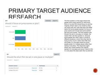 The first question on this page shows that
people have mixed opinions on what short
films or my short film should focus on and the
majority of them want a mix of both so they
can enjoy both and I also feel that’s the better
option but some people wanted it to focus on
jump scares and not plot and some wanted
plot and jump scares. The final question was
should it be set in one place or multiple, the
reason that I ask this question is because
some people don’t like it when it moves to
different locations in short films they feel its
trying to fit to much in when there little time
and prefer it in one place where as some
people prefer it in multiple places rather then
seeing it one place. The responses again
where very mixed however the majority
wanted it in one place and since I intend to film
it in one place this does seem like my best bet.
 