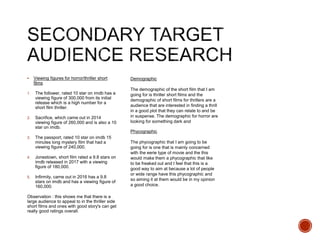  Viewing figures for horror/thriller short
films
1. The follower, rated 10 star on imdb has a
viewing figure of 300,000 from its initial
release which is a high number for a
short film thriller.
2. Sacrifice, which came out in 2014
viewing figure of 260,000 and is also a 10
star on imdb.
3. The passport, rated 10 star on imdb 15
minutes long mystery film that had a
viewing figure of 240,000.
4. Jonestown, short film rated a 9.8 stars on
imdb released in 2017 with a viewing
figure of 180,000.
5. Infirmity, came out in 2016 has a 9.8
stars on imdb and has a viewing figure of
160,000.
Observation : this shows me that there is a
large audience to appeal to in the thriller side
short films and ones with good story's can get
really good ratings overall.
Demographic
The demographic of the short film that I am
going for is thriller short films and the
demographic of short films for thrillers are a
audience that are interested in finding a thrill
in a good plot that they can relate to and be
in suspense. The demographic for horror are
looking for something dark and
Phycographic
The phycographic that I am going to be
going for is one that is mainly concerned
with the eerie type of movie and the this
would make them a phycographic that like
to be freaked out and I feel that this is a
good way to aim at because a lot of people
or wide range have this phycographic and
so aiming it at them would be in my opinion
a good choice.
 