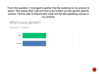 From this question, I managed to gather that the audience to my product is
equal. This means that I will not have to try to filter out any gender specific
scenes. I will be able to feature both male and female appealing scenes in
my product.
 