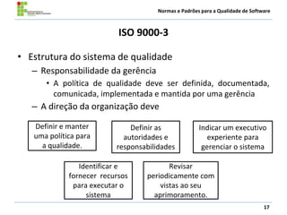 Normas e Padrões para a Qualidade de Software
ISO 9000-3
• Estrutura do sistema de qualidade
– Responsabilidade da gerência
• A política de qualidade deve ser definida, documentada,
comunicada, implementada e mantida por uma gerência
– A direção da organização deve
17
Definir e manter
uma política para
a qualidade.
Definir as
autoridades e
responsabilidades
Indicar um executivo
experiente para
gerenciar o sistema
Identificar e
fornecer recursos
para executar o
sistema
Revisar
periodicamente com
vistas ao seu
aprimoramento.
 