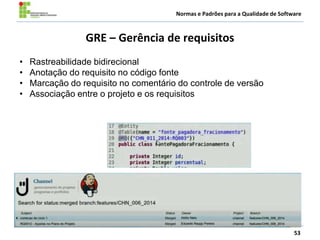 Normas e Padrões para a Qualidade de Software
GRE – Gerência de requisitos
53
• Rastreabilidade bidirecional
• Anotação do requisito no código fonte
• Marcação do requisito no comentário do controle de versão
• Associação entre o projeto e os requisitos
 