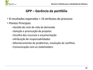 Normas e Padrões para a Qualidade de Software
GPP – Gerência de portfólio
• 8 resultados esperados + 14 atributos do processo
• Pontos Principais
–Gestão do ciclo de vida da demanda
–Seleção e priorização de projetos
–Escolha dos recursos e orçamentação
–Atribuição de responsabilidades
–Monitoramento de problemas, resolução de conflitos
–Comunicação com os stakeholders
54
 