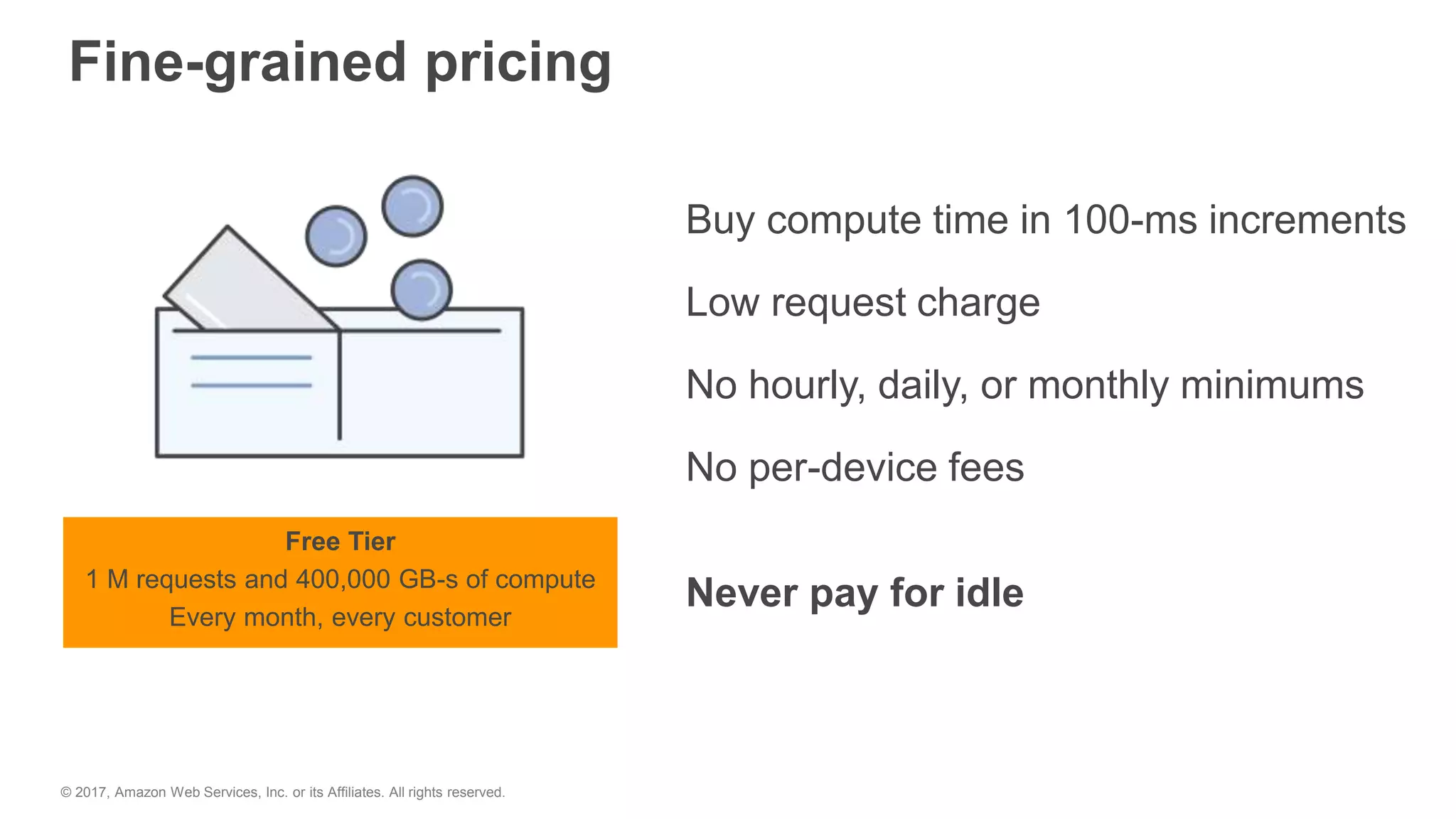 Fine-grained pricing
Buy compute time in 100-ms increments
Low request charge
No hourly, daily, or monthly minimums
No per-device fees
Never pay for idle
Free Tier
1 M requests and 400,000 GB-s of compute
Every month, every customer
© 2017, Amazon Web Services, Inc. or its Affiliates. All rights reserved.
 